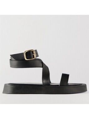 Zara Black Ankle-Strap Flat Sandals with Gold Buckle